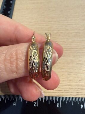 Gold 925 Sterling Silver stamped Textured Hoop Earrings - Women Jewelry